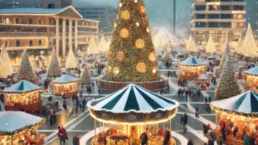 DALL·E 2024 11 15 14.18.00 A festive Christmas scene in Tirana Albania in 2024. The image showcases the Skanderbeg Square illuminated with Christmas lights a towering Christm