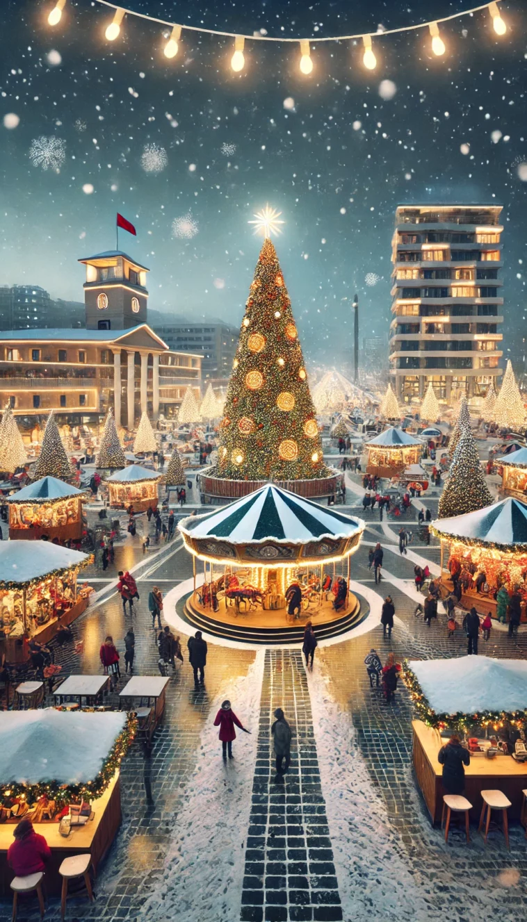 DALL·E 2024 11 15 14.18.00 A festive Christmas scene in Tirana Albania in 2024. The image showcases the Skanderbeg Square illuminated with Christmas lights a towering Christm