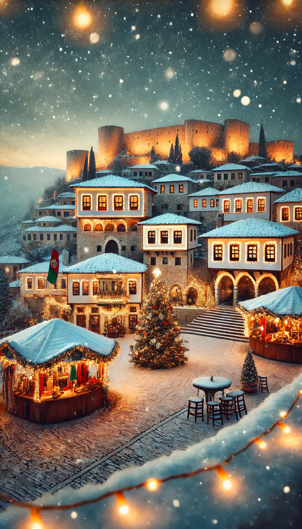 DALL·E 2024 11 18 11.21.54 A picturesque Christmas scene in Berat Albania with its iconic Ottoman style houses illuminated by festive lights and draped in snow. Berat Castle i